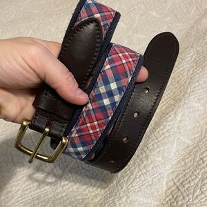 Vineyard vines Plaid canvas Leather and brass belt 35 in